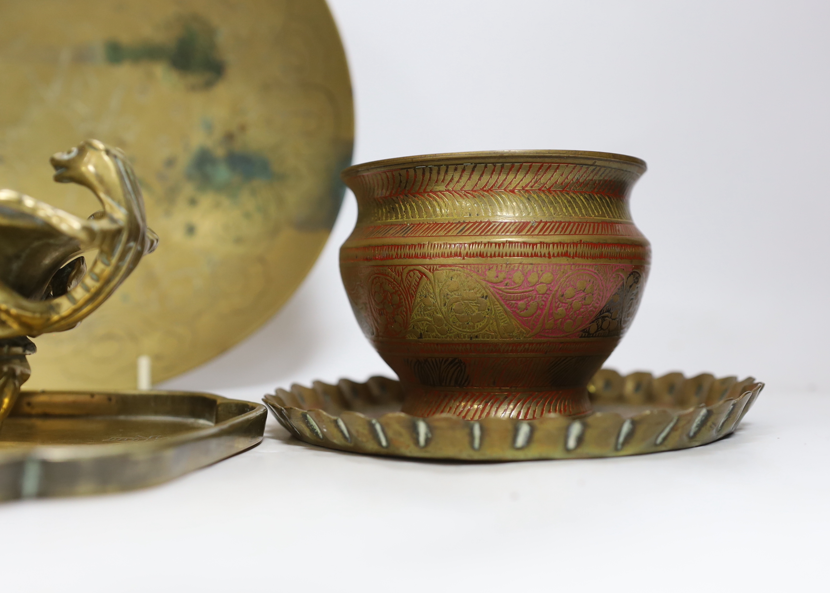 A Chinese archaistic bronze censer, Qing dynasty, a mirror and various Asian bronzes etc, censer 19cm wide